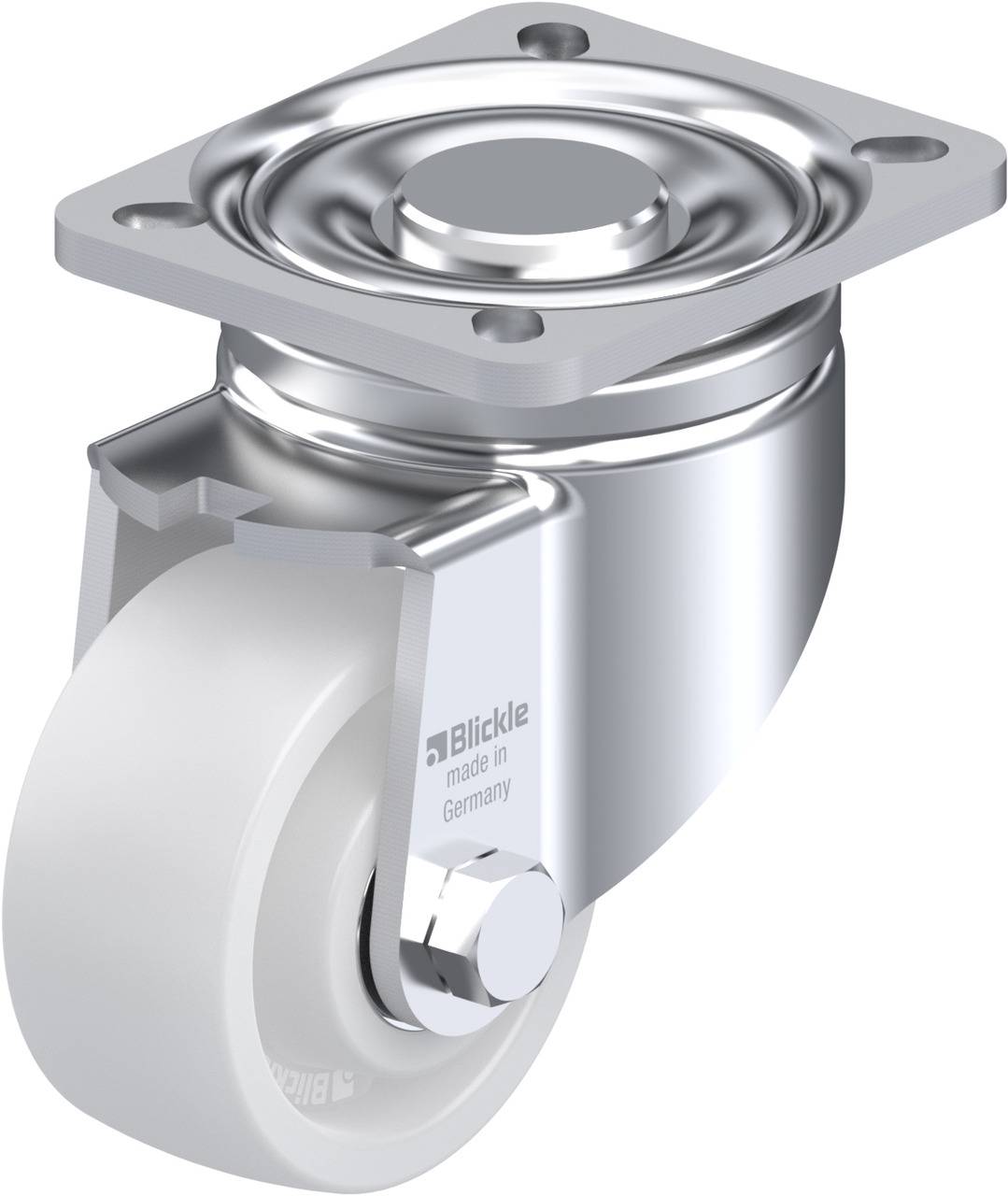 Metallisches Lenkrollenrad mit Befestigungsplatte, kompakte Bauweise, glänzend silberne Oberfläche, geeignet für Möbel oder Geräte.