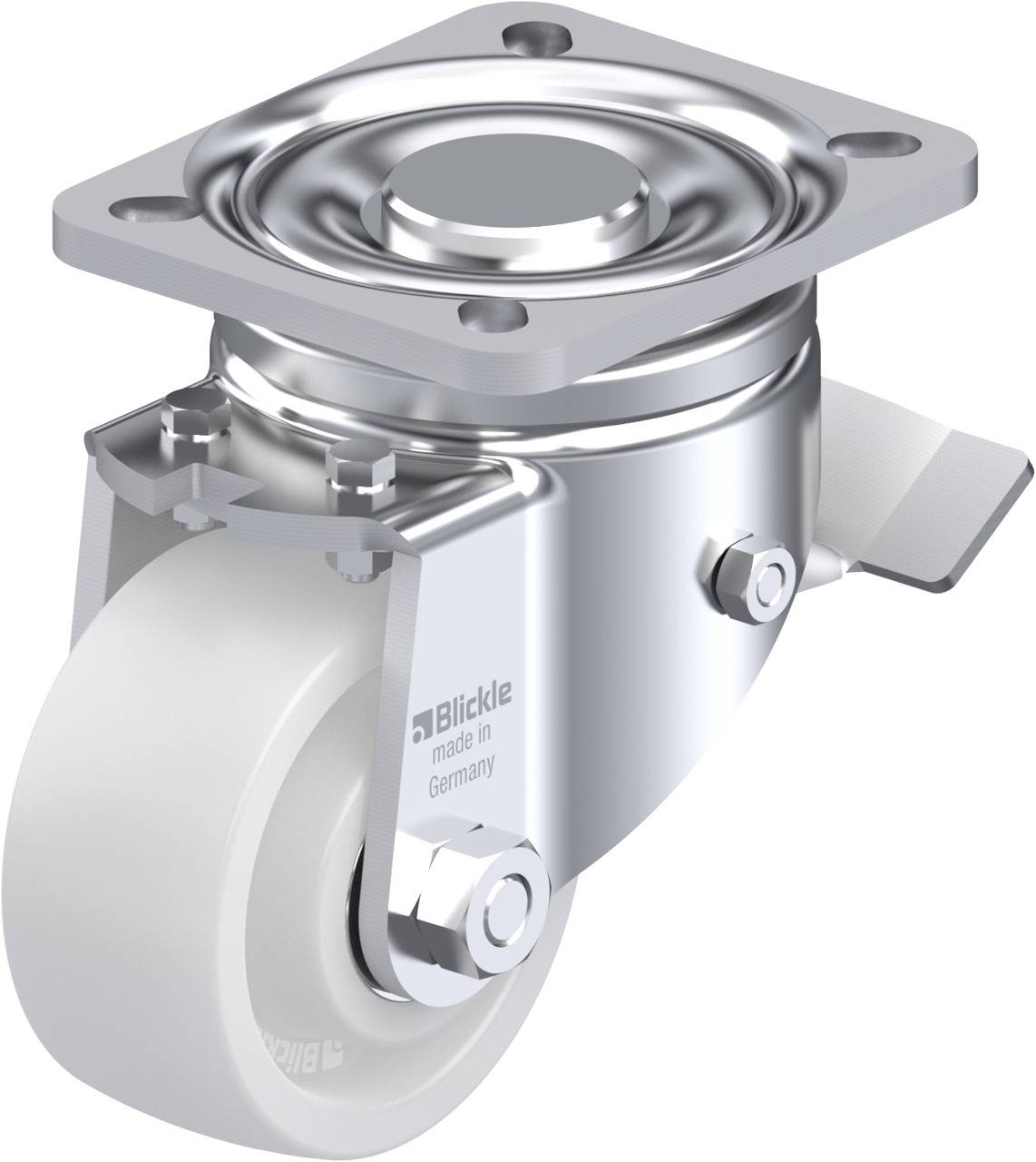 Schwenkrolle mit weißem Rad, Metallgehäuse und rechteckiger Montageplatte. Aufschrift: 'Blickle - made in Germany'.