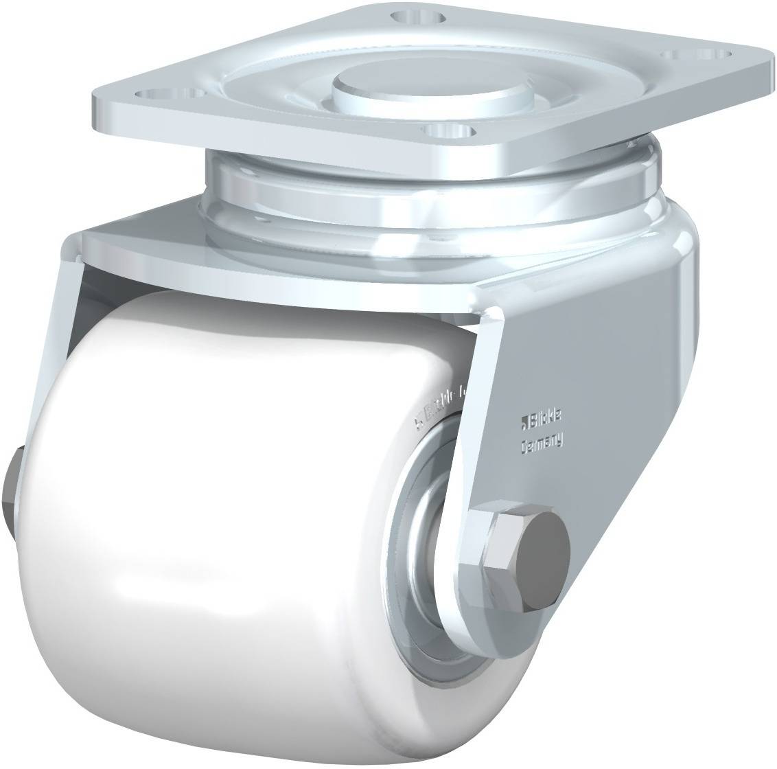 Industrie-Rollenlager aus Metall mit drehbarem Teller und weißem Rad, geeignet für schwere Lasten und industrielle Anwendungen.