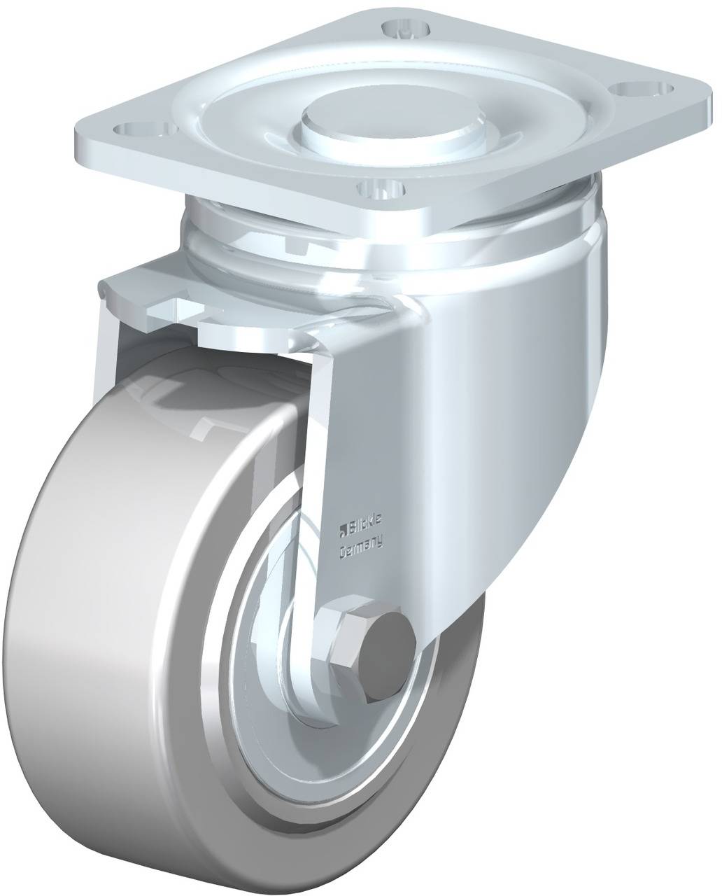 Schwenkrolle mit Metallgehäuse und glattem Rad. Geeignet für den Transport schwerer Lasten.
