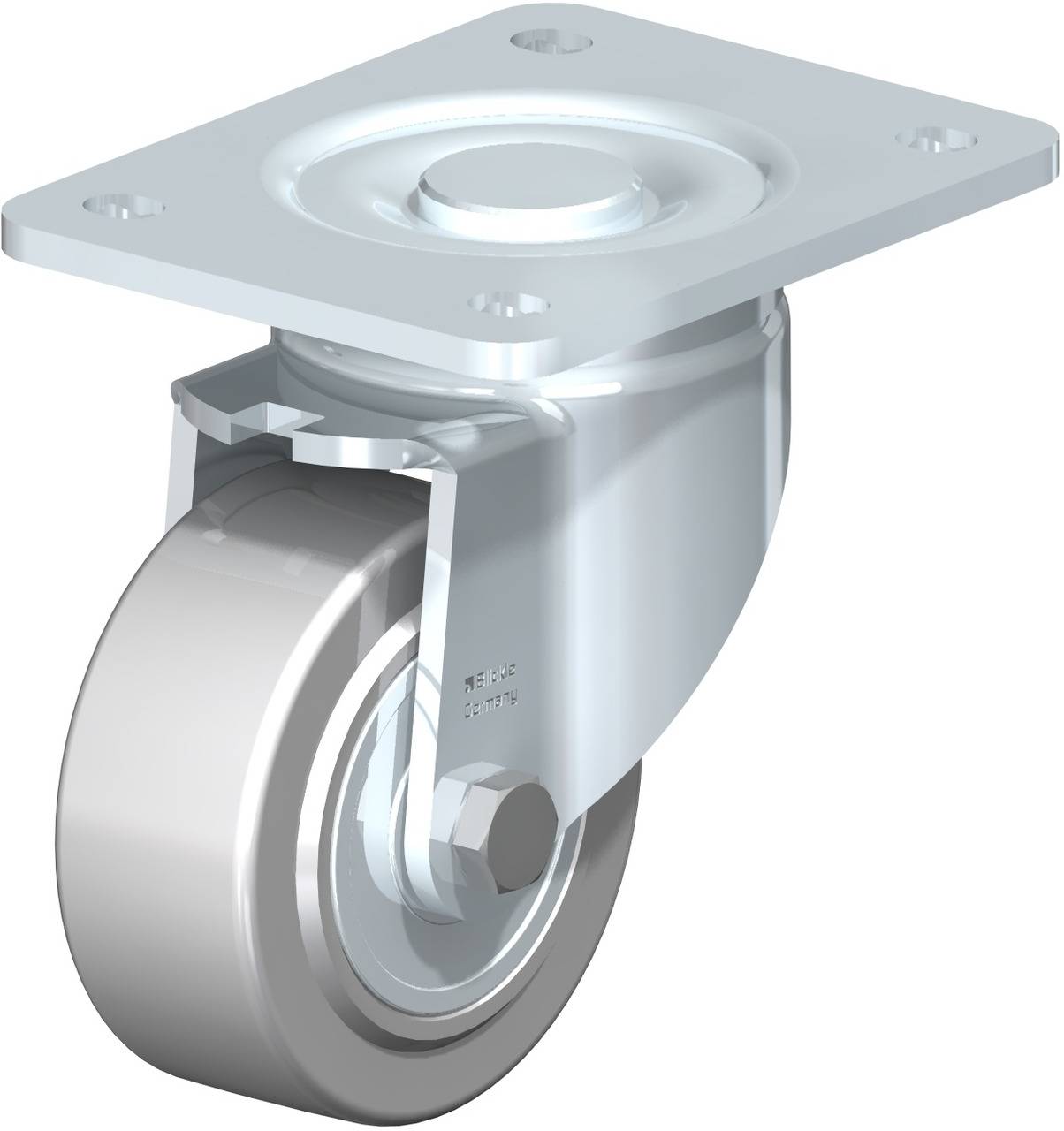Metallisches Schwenklenkrolle mit flacher Befestigungsplatte und drehbarem Rad, typisch für Möbel oder Industrieanwendungen.