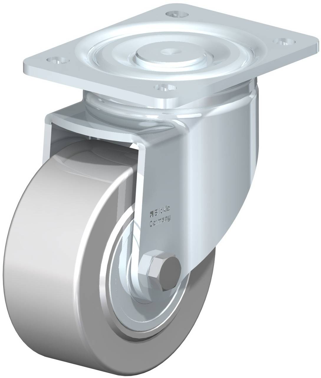 Grau-silberne drehbare Rolle mit Befestigungsplatte, seitlich beschriftet, gezeigt aus einem seitlichen Winkel; geeignet für Möbel oder Geräte.