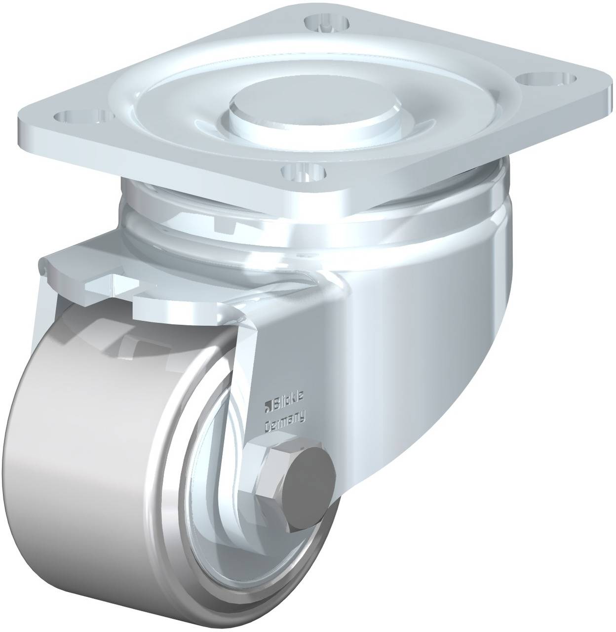 Ein drehbares, silbernes Rad aus Metall mit Befestigungsplatte, oft zur Bewegung schwerer Gegenstände an Möbeln eingesetzt.