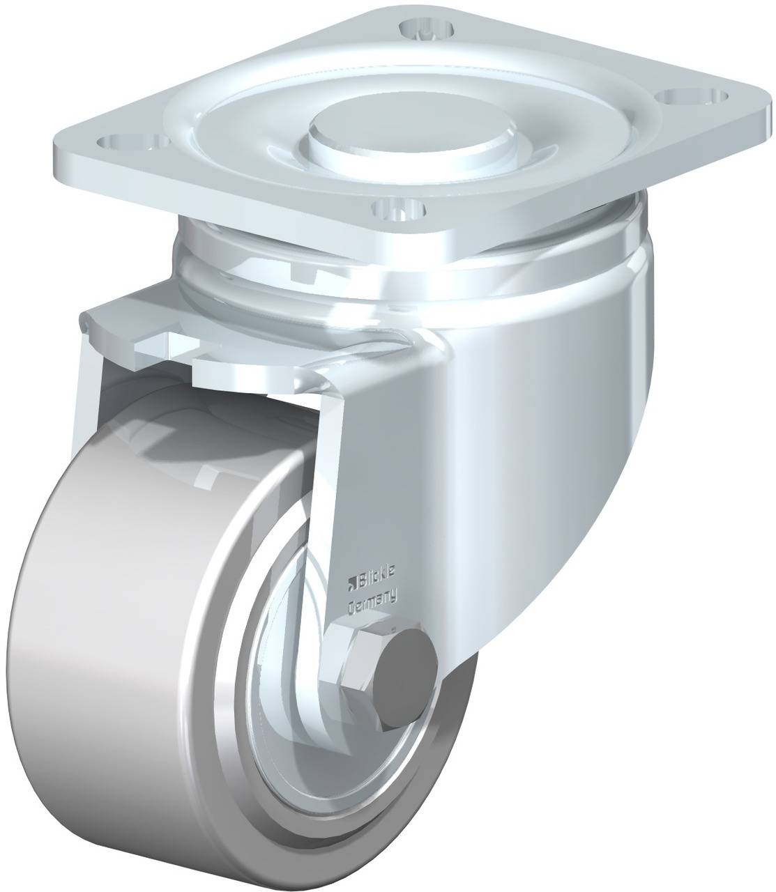 Metallisches Schwenkrollensystem mit flacher Trägerplatte und drehbarem Rad, geeignet für schwere Lasten und industrielle Anwendungen.