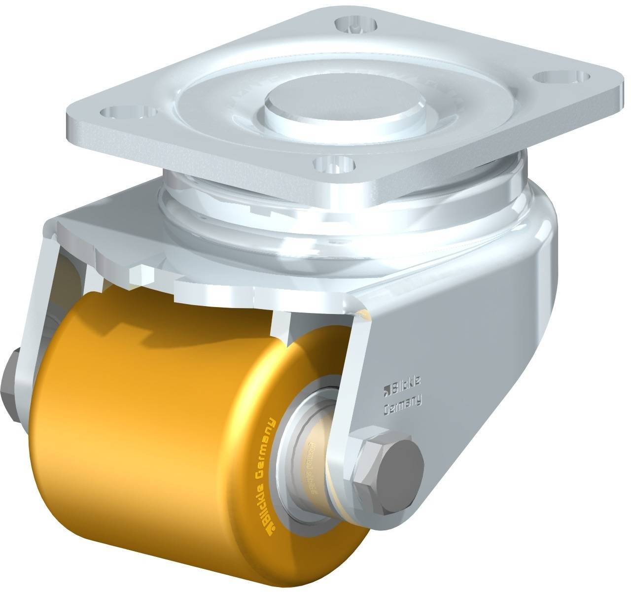 Industrielle Schwerlastrolle mit gelbem Rad und silbernem Gehäuse, oben eine rechteckige Metallplatte zur Befestigung.