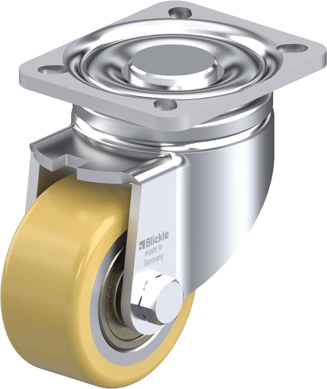 Schwenkrolle mit gelbem Rad, metallischem Gehäuse und Montageplatte.