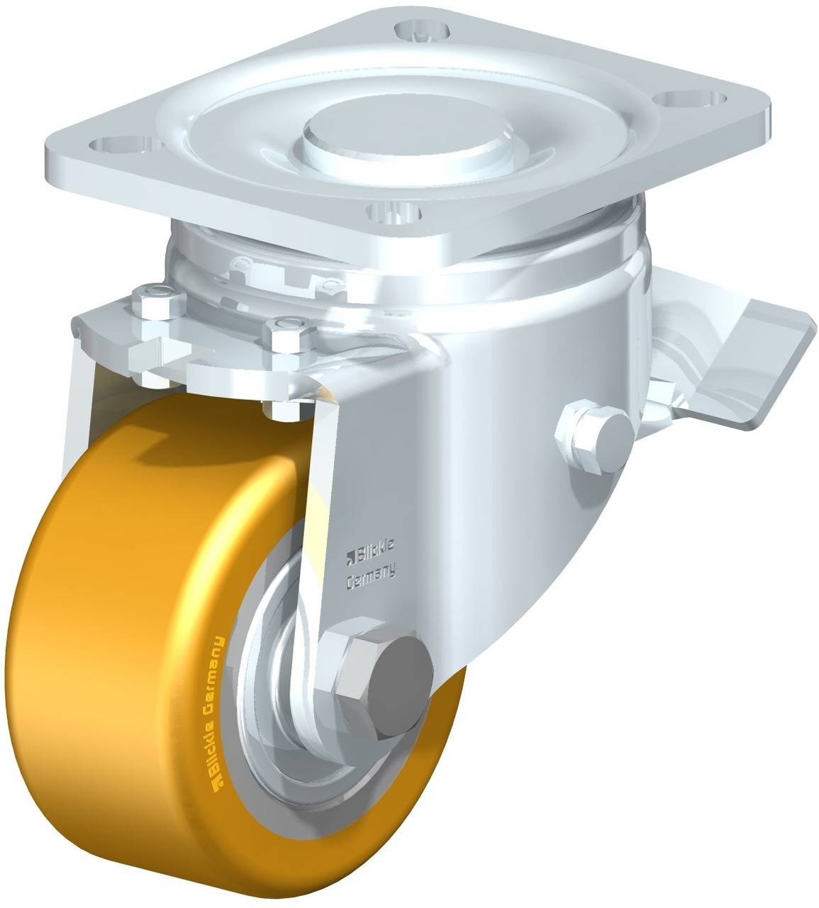 Industrie-Lenkrolle mit gelbem Rad und Metallgehäuse, geeignet für Transportausrüstung.