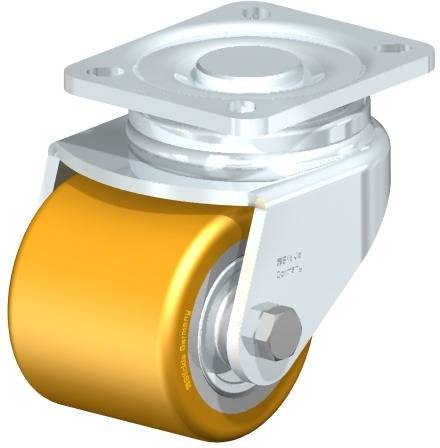 Ein einzelnes, drehbares Möbelrad mit einer goldenen Rolle und einer Metallhalterung, die zur Befestigung an einem Möbelstück dient.