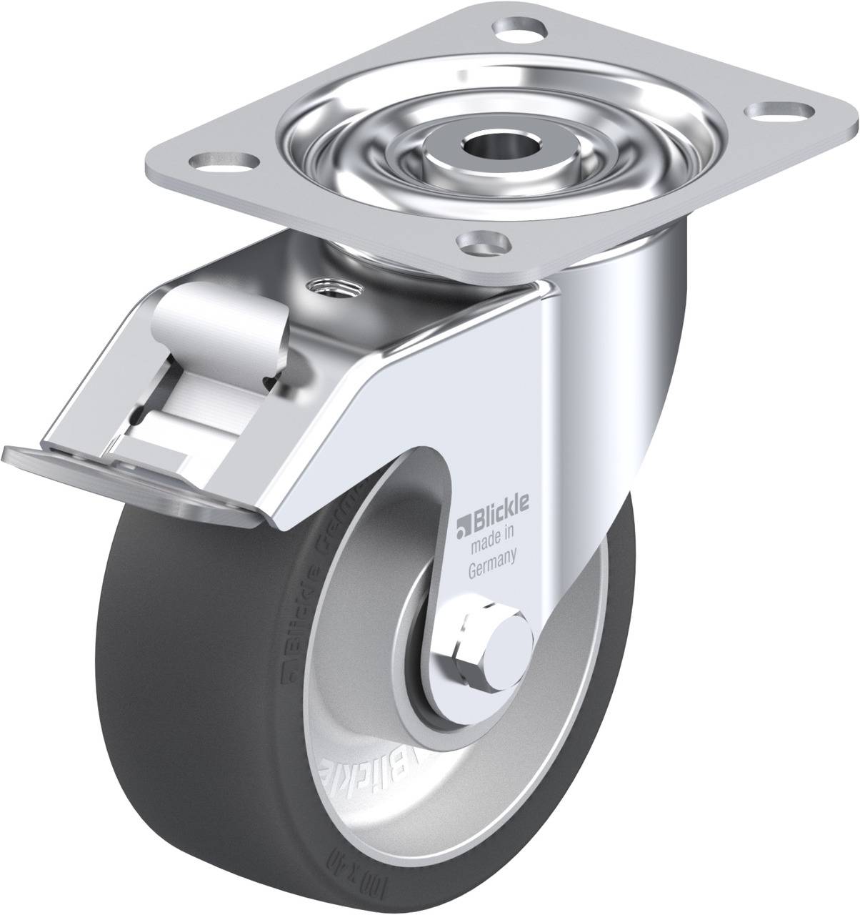 Metallisches Rad mit Halterung und Bremse, geeignet für industrielle Anwendungen, auf weißem Hintergrund.