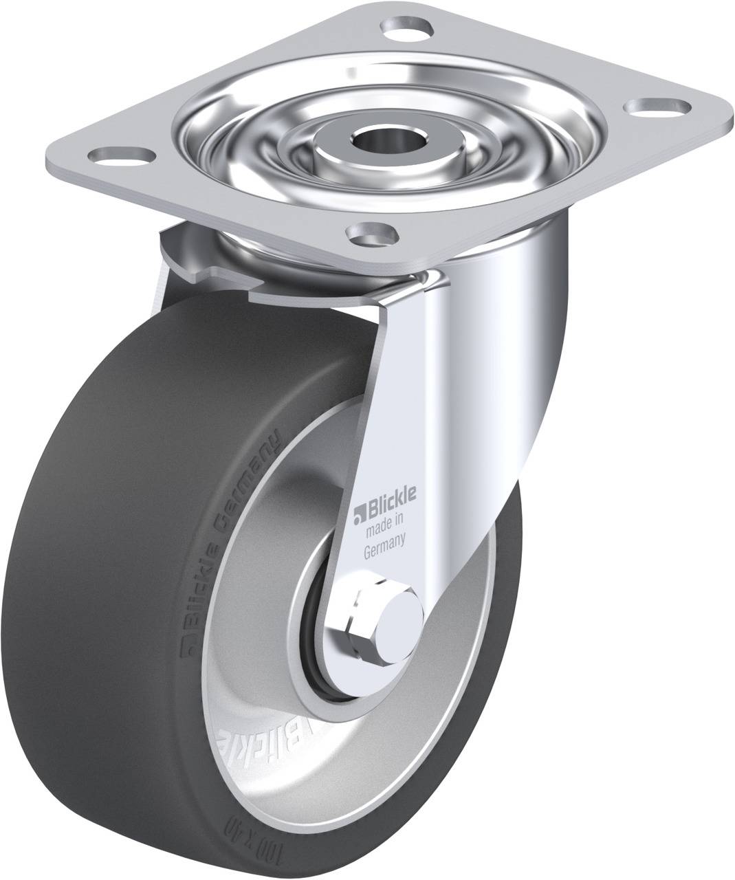Industrie-Lenkrolle mit grauem Rad und silbernem Befestigungsblech, geeignet für den Einsatz an Fahrzeugen oder Möbeln.