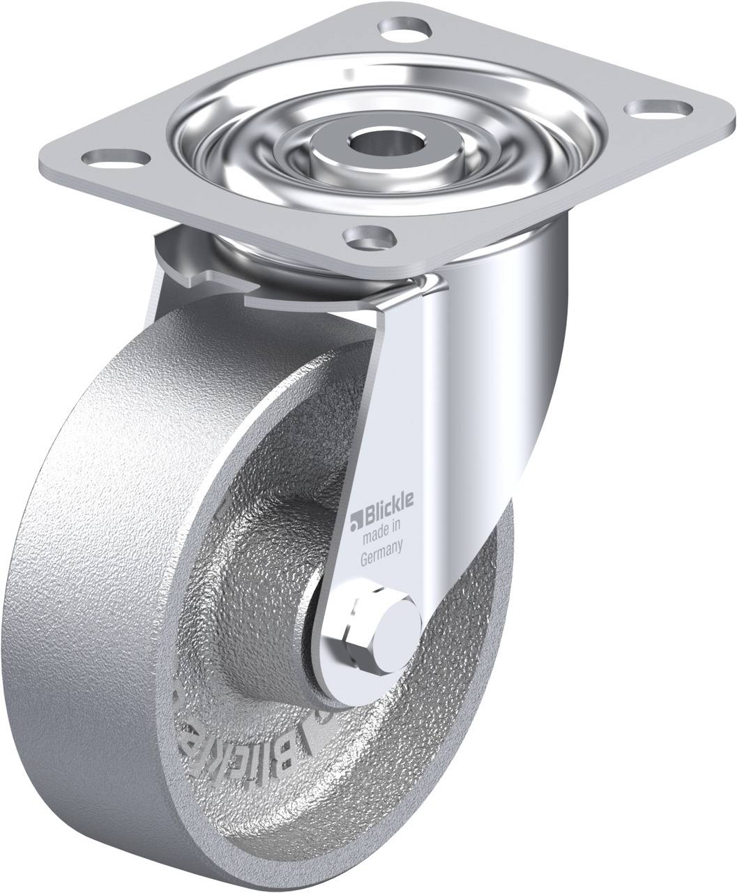 Industrie-Rollenrad aus Metall mit Befestigungsplatte, dient zur Montage unter Geräten oder Möbeln für einfache Beweglichkeit.