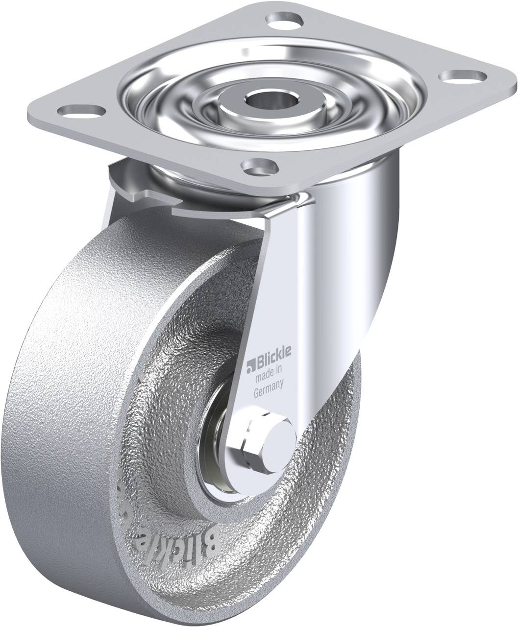 Metallisches Möbel-Rollenrad in glänzendem Silber mit schwenkbarer Befestigungsplatte und Kugellager; geeignet für glatte Oberflächen.