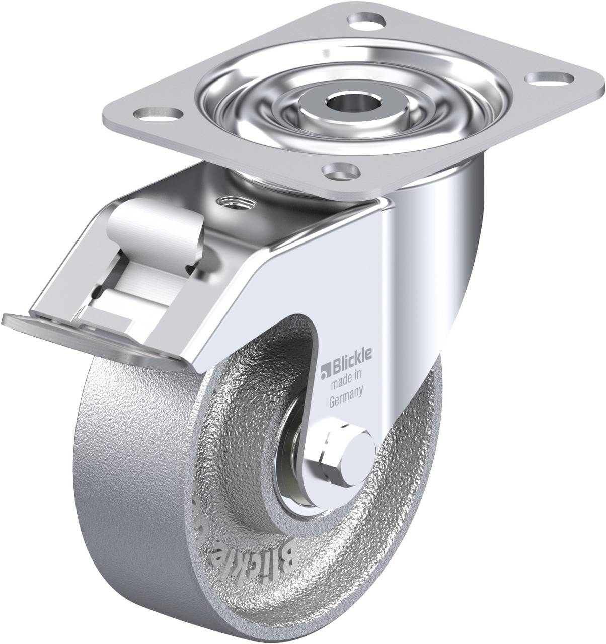 Metallisches Lenkrollenrad mit Montageplatte und Bremse, Aufschrift 'Blickle, made in Germany'.
