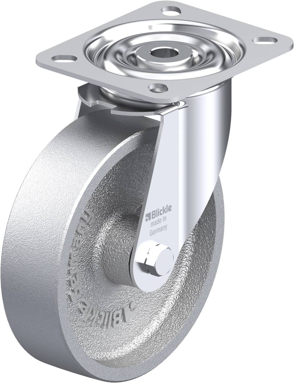 Schwenkrolle aus Metall mit runder Platte oben, glänzende Oberfläche und Prägung 'Blickle made in Germany' auf der Seite des Rades.