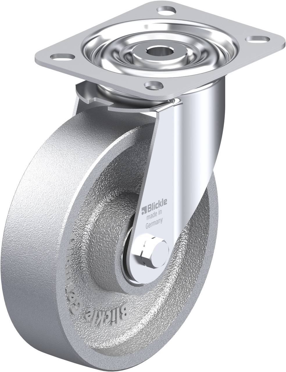 Ein silbernes, drehbares Industrielenkrolle aus Metall mit einer Befestigungsplatte oben. Die Aufschrift 'Blickle' ist auf der Rolle.