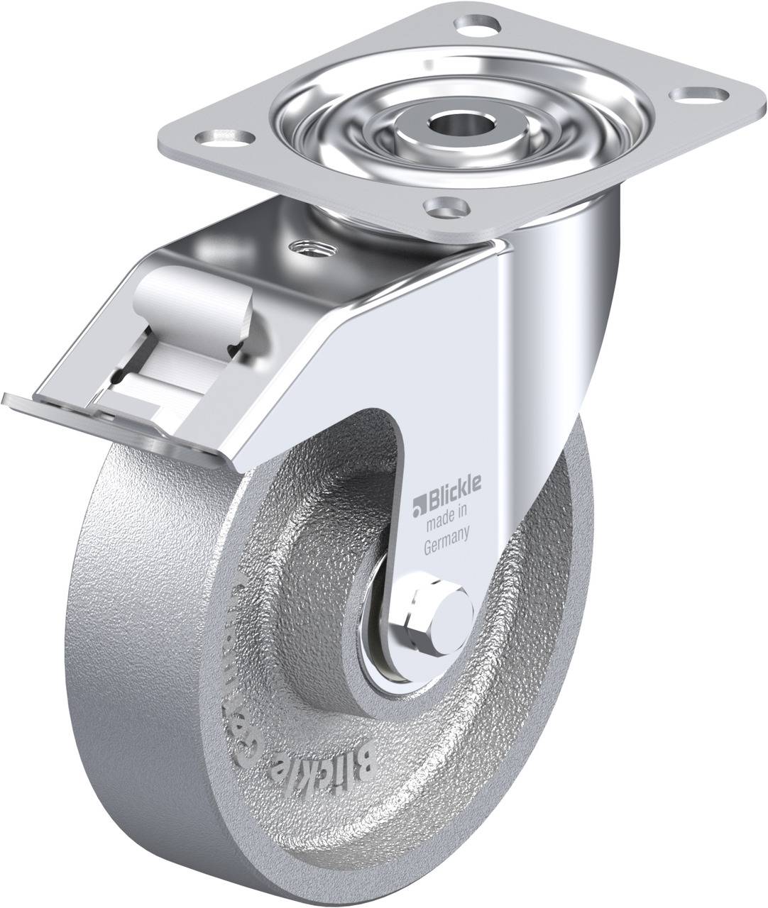 Schwenkrolle aus Metall mit breitem Rad und Befestigungsplatte, geeignet für industrielle und schwere Anwendungen. Hersteller 'Blickle'.