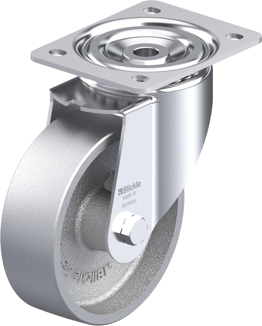 Schwenkrolle aus Metall mit Montageplatte und Kugellager, geeignet für Industrieanwendungen.