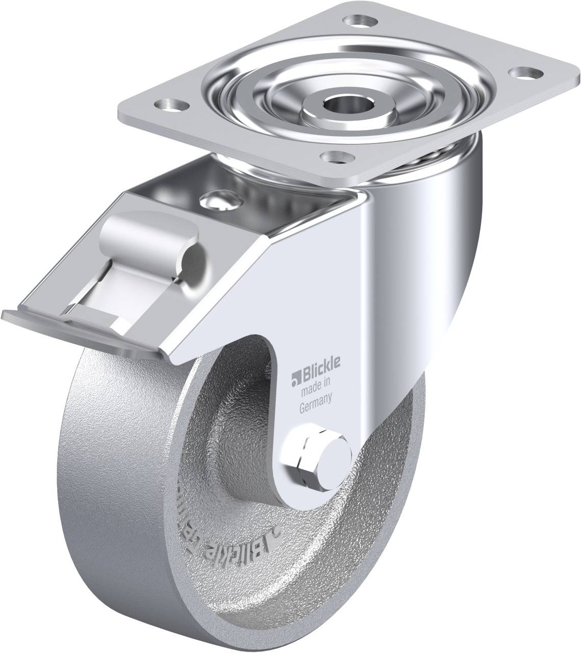 Schwenkrolle mit Bremse von Blickle, silberne Metalloberfläche, für schwere Lasten geeignet, hergestellt in Deutschland.