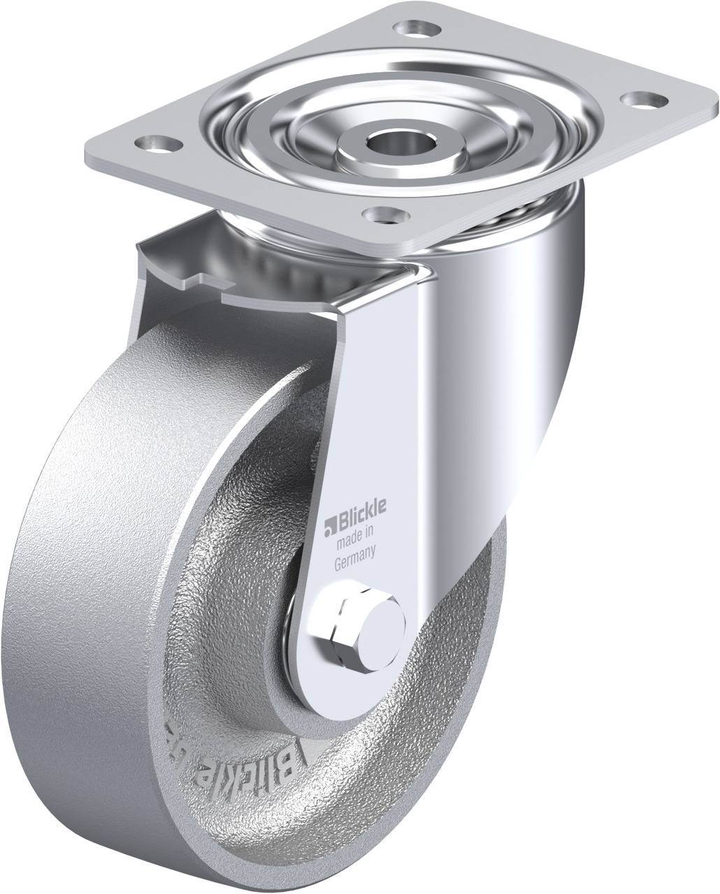 Metallisches Lenkrollenrad mit Lagerung und Montageplatte, geeignet für Möbel oder Transportwagen, silberfarben, robustes Design.