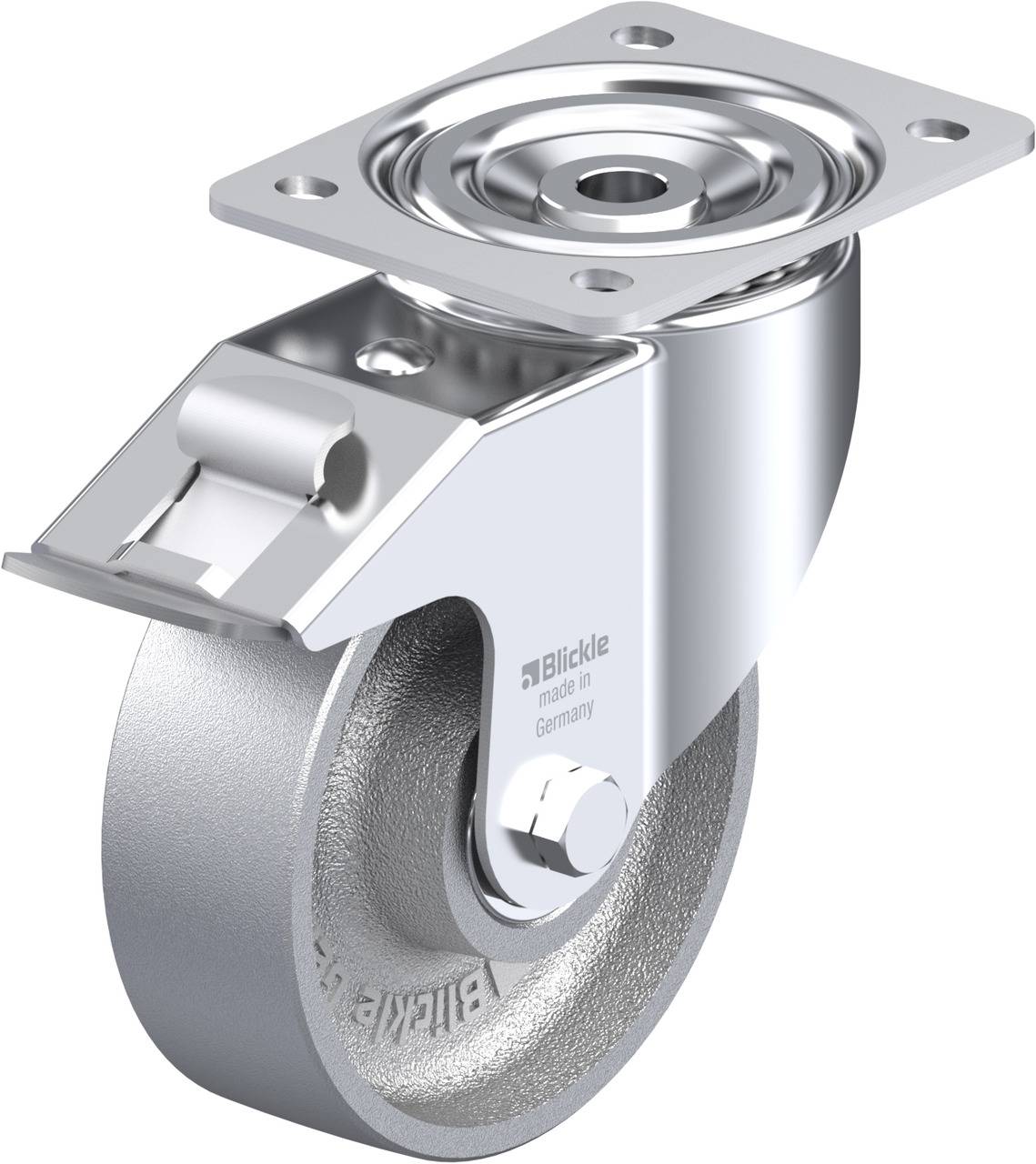 Metallisches Schwenkrad mit Montagesockel, glänzende Oberfläche, gefertigt von 'Blickle'. Eignet sich für schwere Lasten und flexiblen Einsatz.