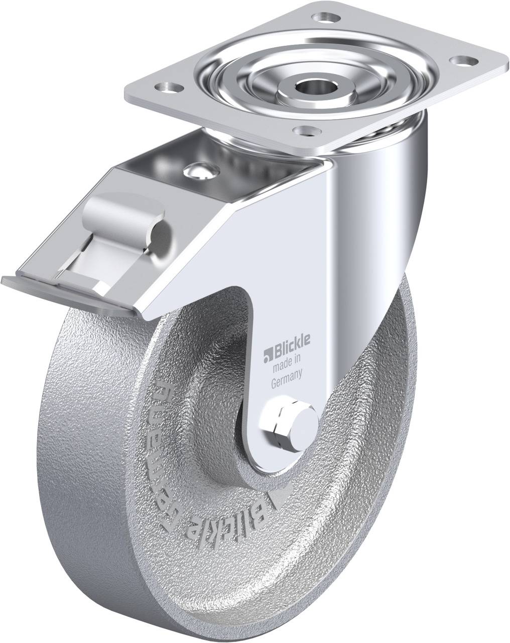 Metallrolle mit schwenkbarer Halterung, geeignet für Schwerlastanwendungen. Hergestellt in Deutschland, Markenname auf der Seite.