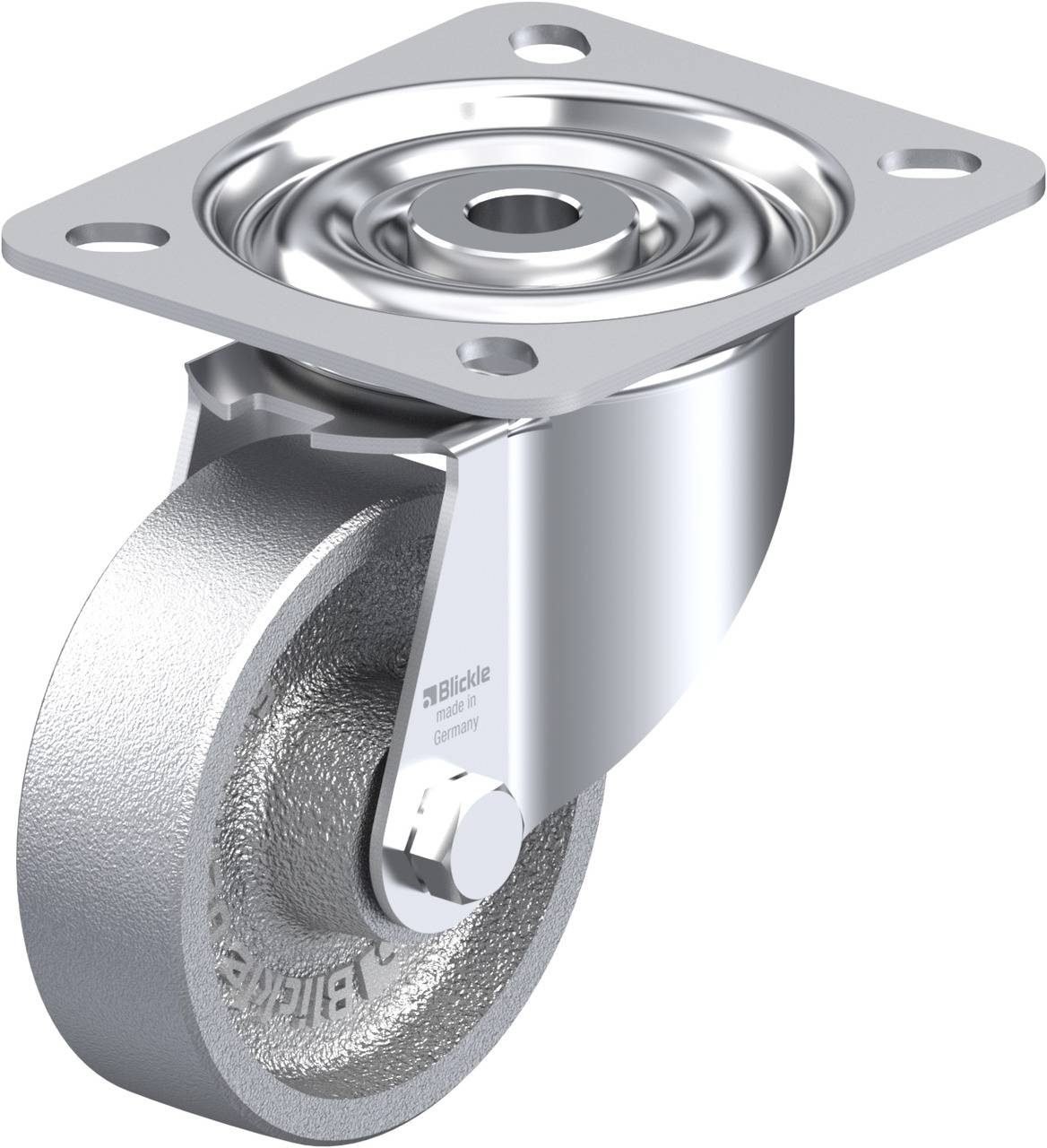 Ein einzelnes, silbernes Schwenkrollrad mit einer Befestigungsplatte oben. Die Rolle hat eine metallische, glänzende Oberfläche.
