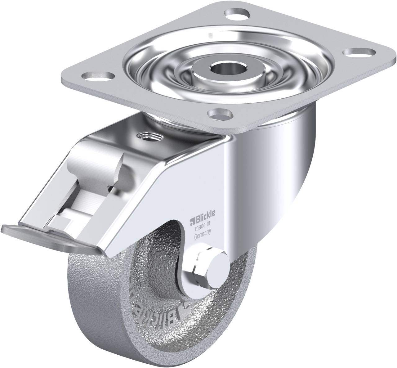 Schwenkrolle aus Metall mit Bremse und rundem Lochmuster auf der Platte, verwendet für Möbel oder Transportgeräte.