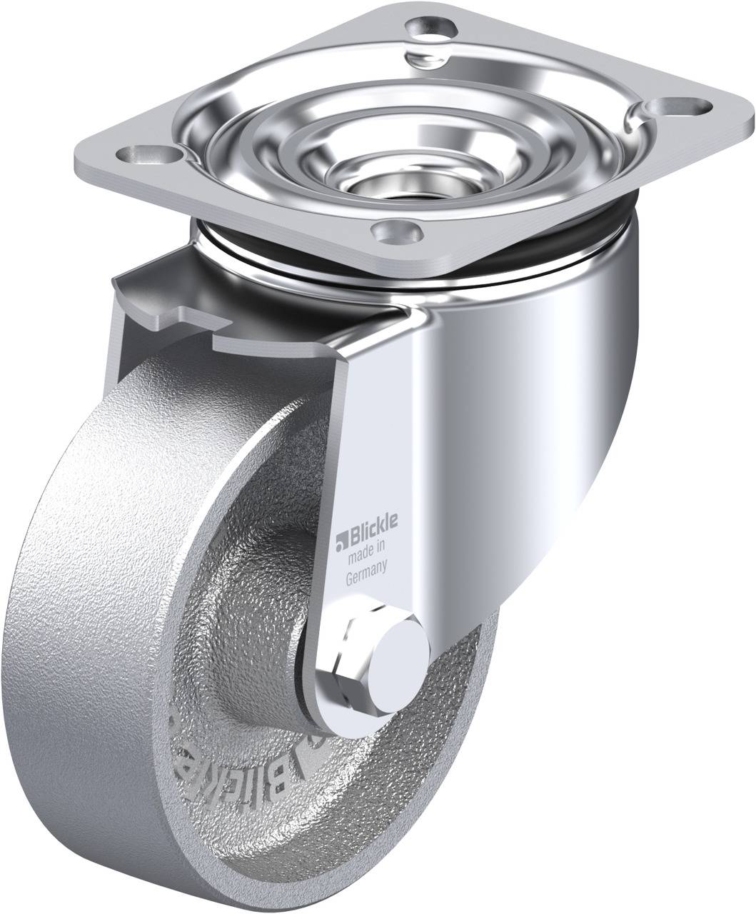 Rollen-Gehäuse aus Metall, mit drehbarem Top und Rollenrad, geeignet für industrielle oder schwere Möbelanwendungen.