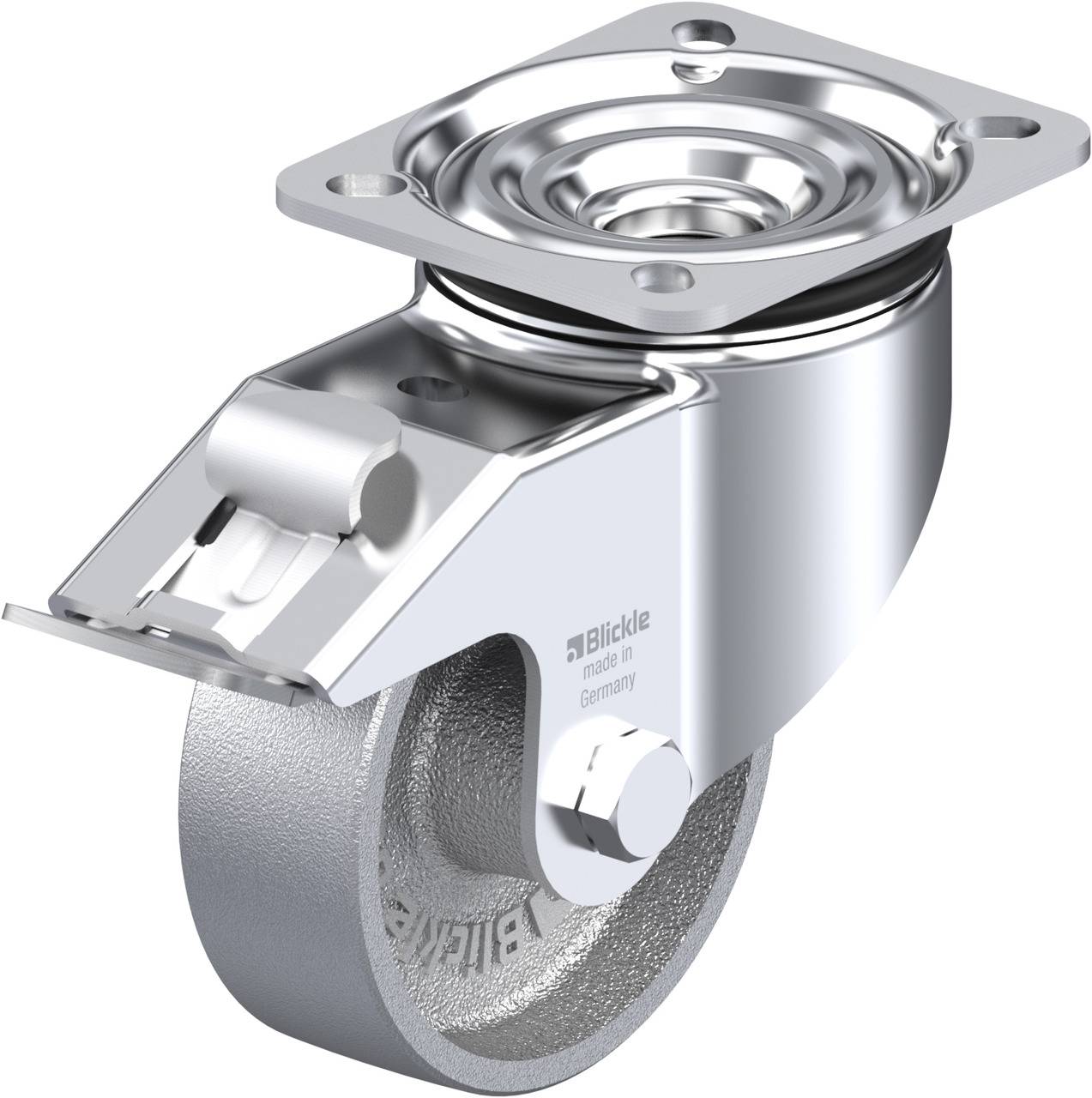 Eine glänzende, silberne Lenkrolle mit Befestigungsplatte und Kugellager aus Metall, geeignet für industrielle Anwendungen.