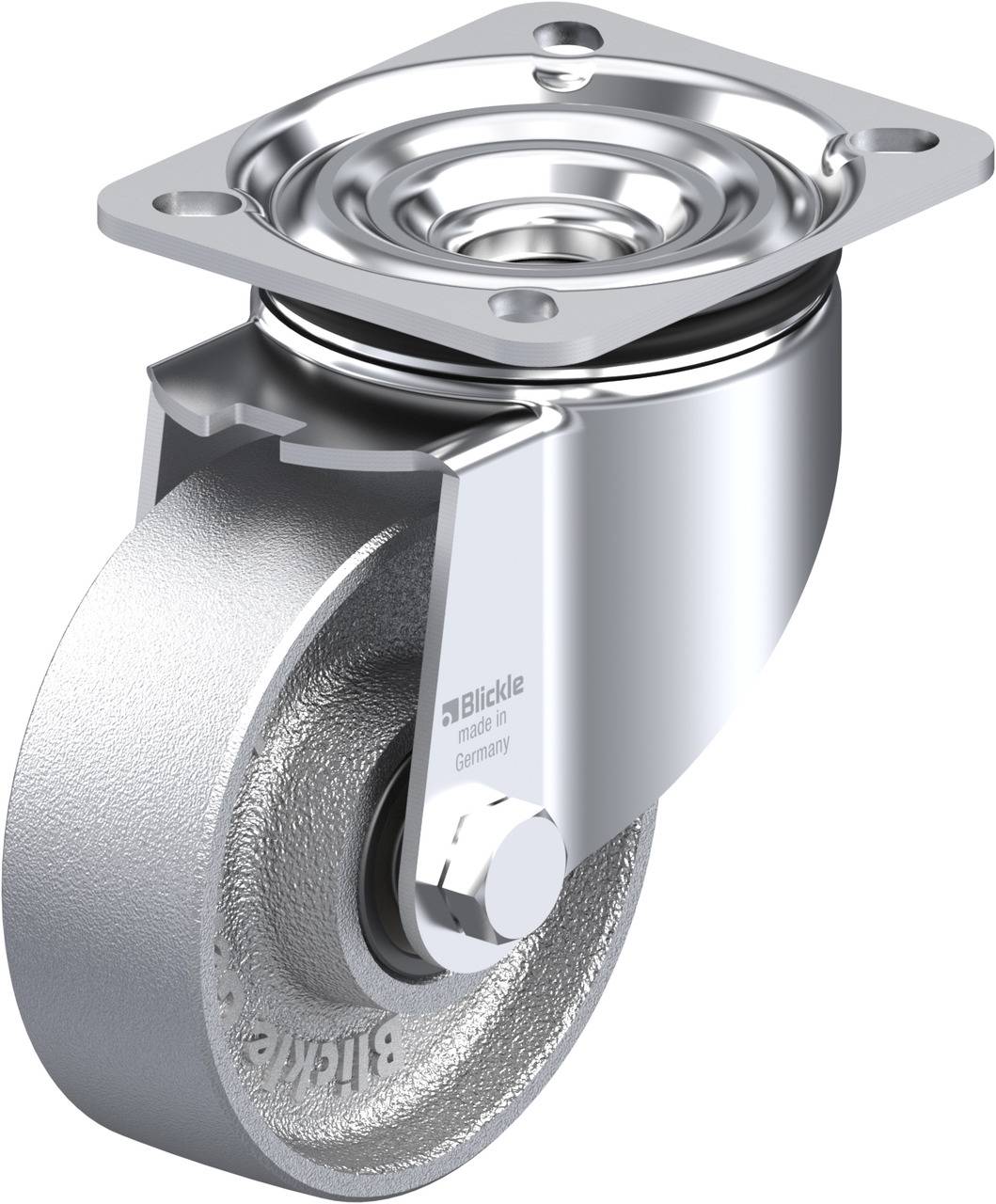 Ein silbernes Schwenk-Lenkrolle aus Metall mit rechteckiger Befestigungsplatte und kugelgelagertem Rad, geeignet für industrielle Anwendungen.