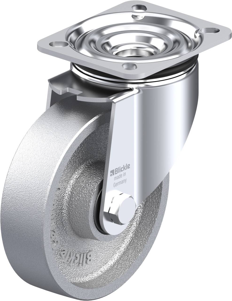 Metallenes Lenkrollenrad mit Halteplatte, glänzende Oberfläche, robustes Design. Ideal für industrielle Anwendungen.