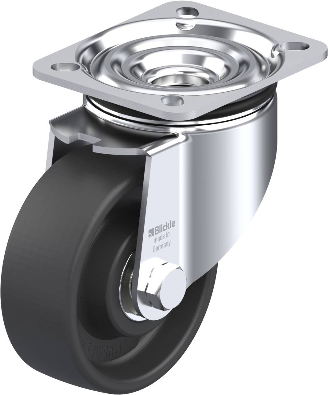 Rolle mit schwarzem Rad und glänzendem Gehäuse, geeignet zur Befestigung unter Möbeln oder Geräten für einfache Bewegung.