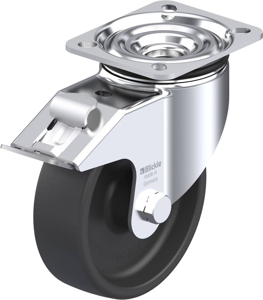 Metallrolle mit schwarzem Rad und Befestigungsplatte, geeignet für Möbel oder Geräte. Silbernes Gehäuse mit drehbarer Achse.