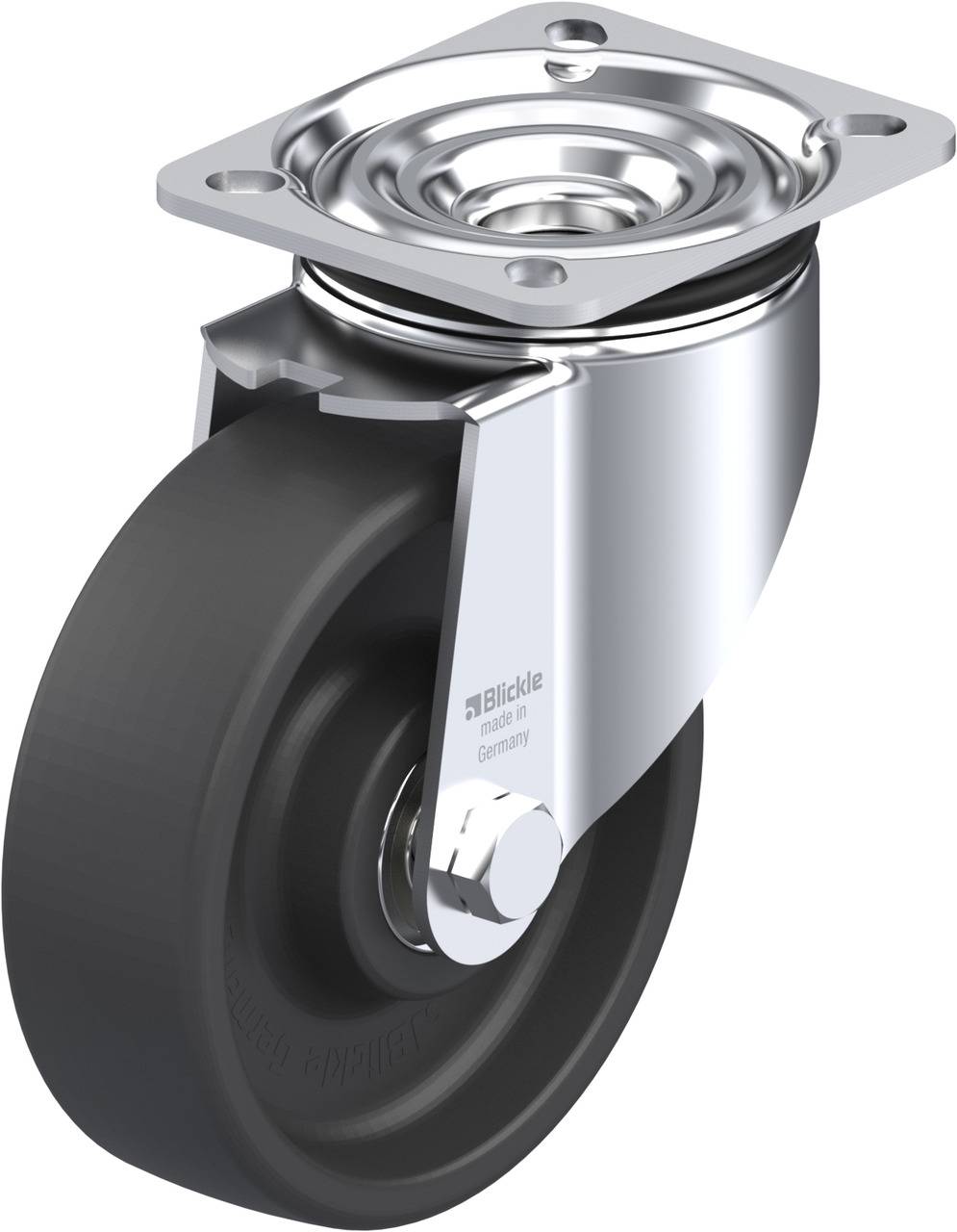 'Scharfernasenkappe' Rad, schwenkbar. Verchromte Halterung, schwarzes Rad, industrieller Einsatz zur Bewegung oder Lagerung von Geräten.