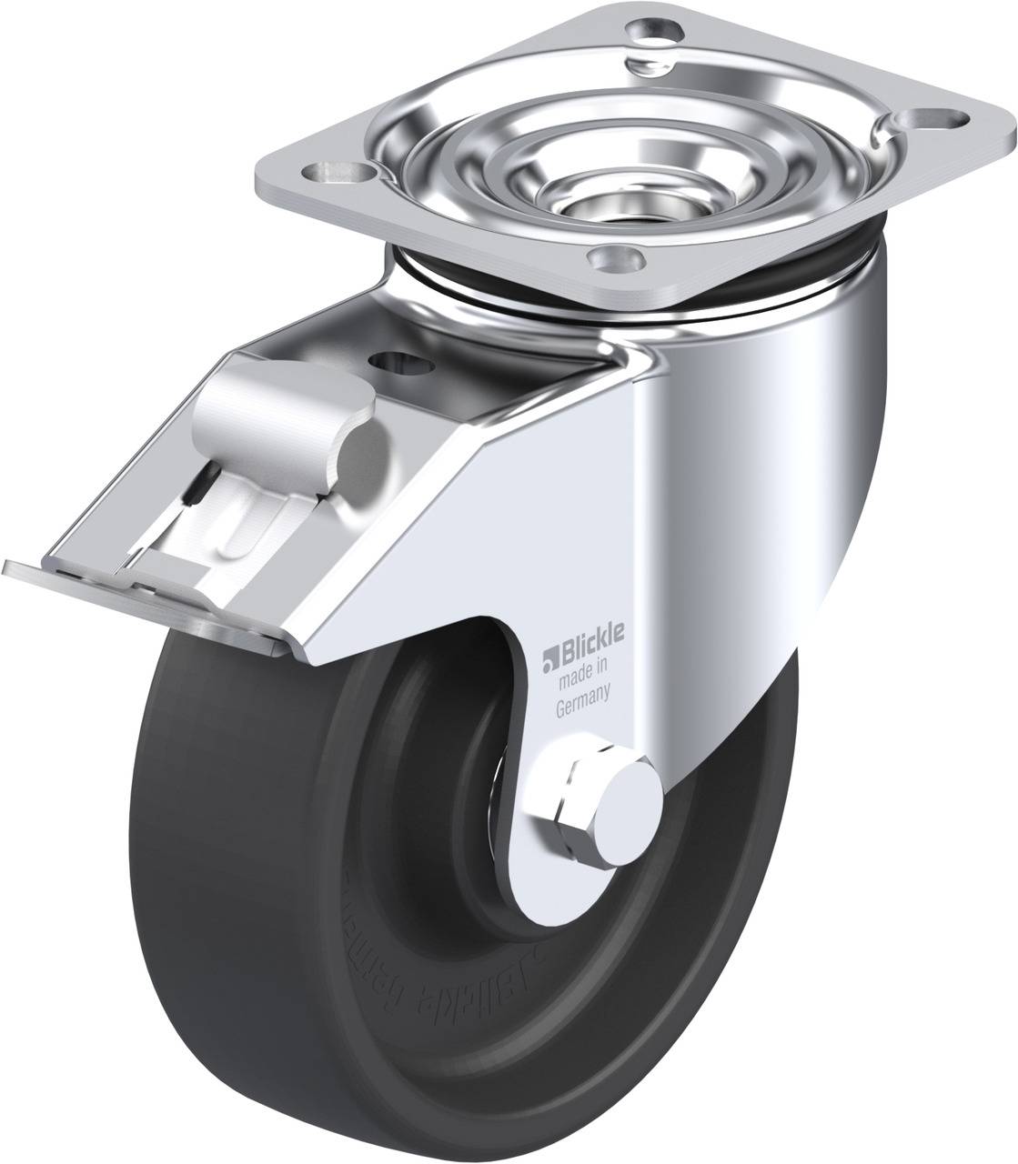 Schwenkrolle aus Metall mit schwarzem Rad, geeignet für industrielle Anwendungen. Zeigt Befestigungsplatte und Drehmechanismus.