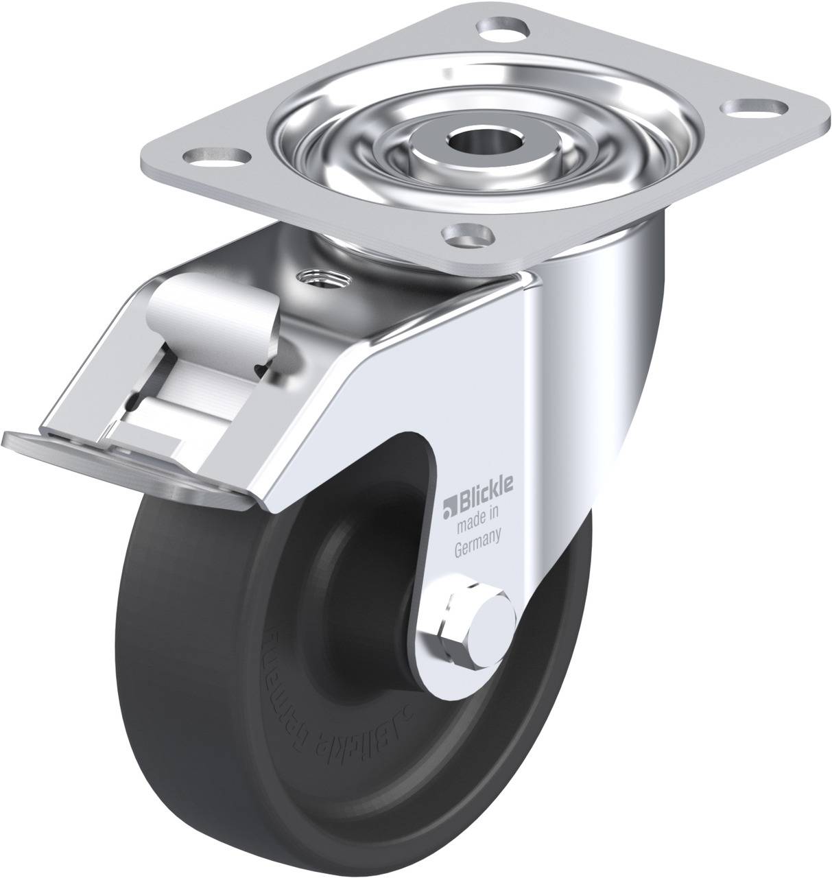 Lenkrolle mit schwarzem Rad und silberner Metallhalterung. Oben eine rechteckige Platte zur Befestigung. Geeignet für Möbel oder Transportgeräte.
