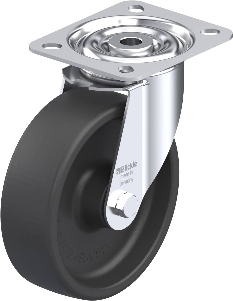 Eine schwarze Rolle mit einer Metallhalterung, die für Möbel oder Geräte verwendet wird. Die Halterung ist glänzend und silberfarben.