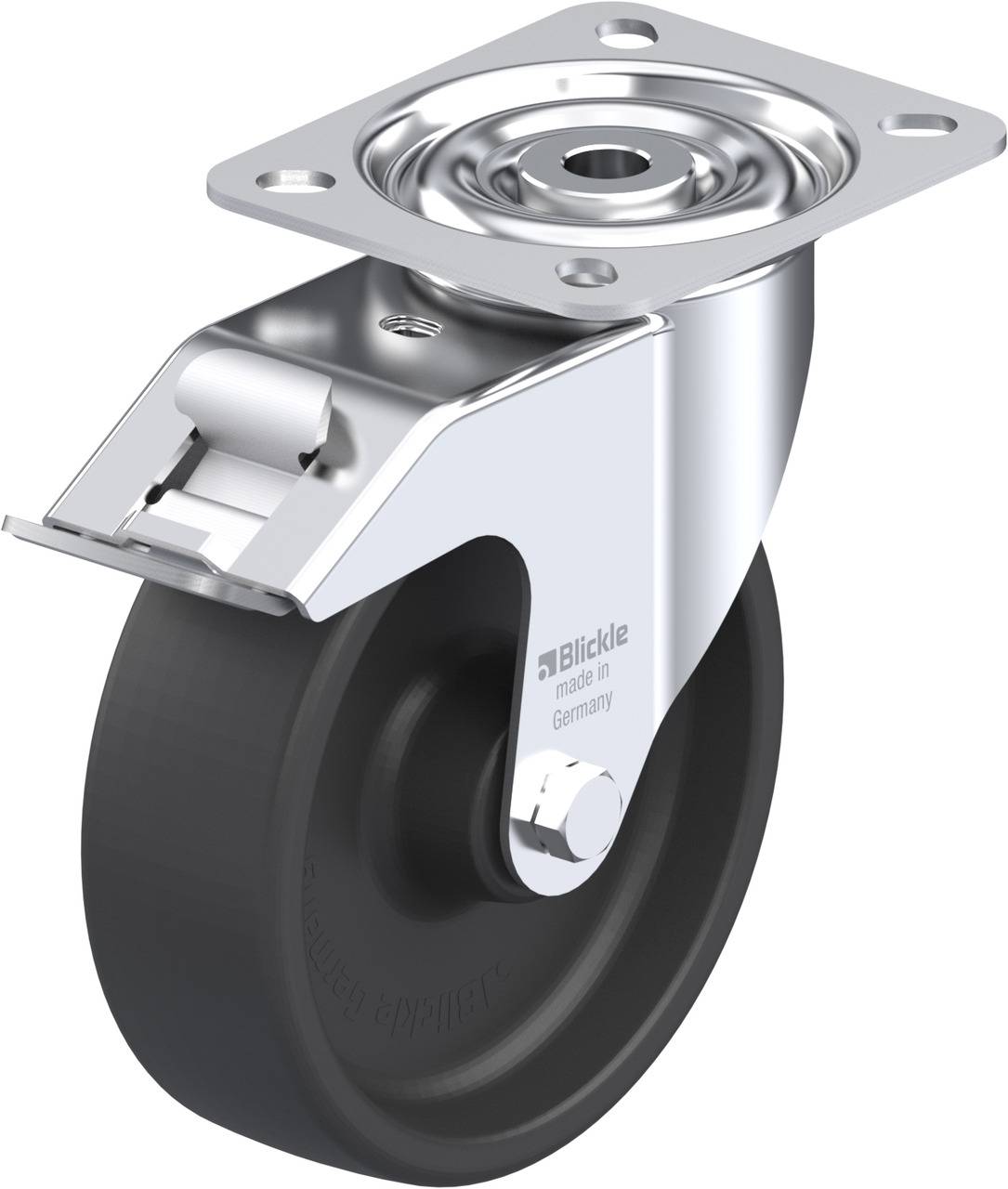 Schwenkrolle aus Metall mit schwarzem Rad und Montageplatte, geeignet für industrielle Anwendungen.