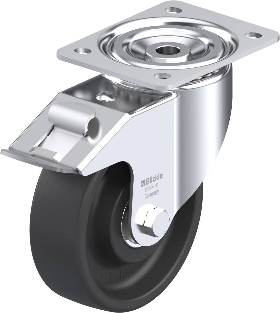 Eine drehbare Lenkrolle aus Metall mit schwarzem Rad, geeignet für den Einbau an Möbeln oder Geräten zur einfachen Bewegung.
