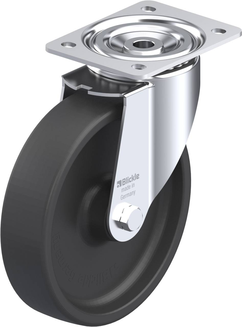 Industrie-Lenkrolle mit schwarzem Rad und silbernem Gehäuse, hergestellt von Blickle in Deutschland. Ideal für schwere Lasten geeignet.
