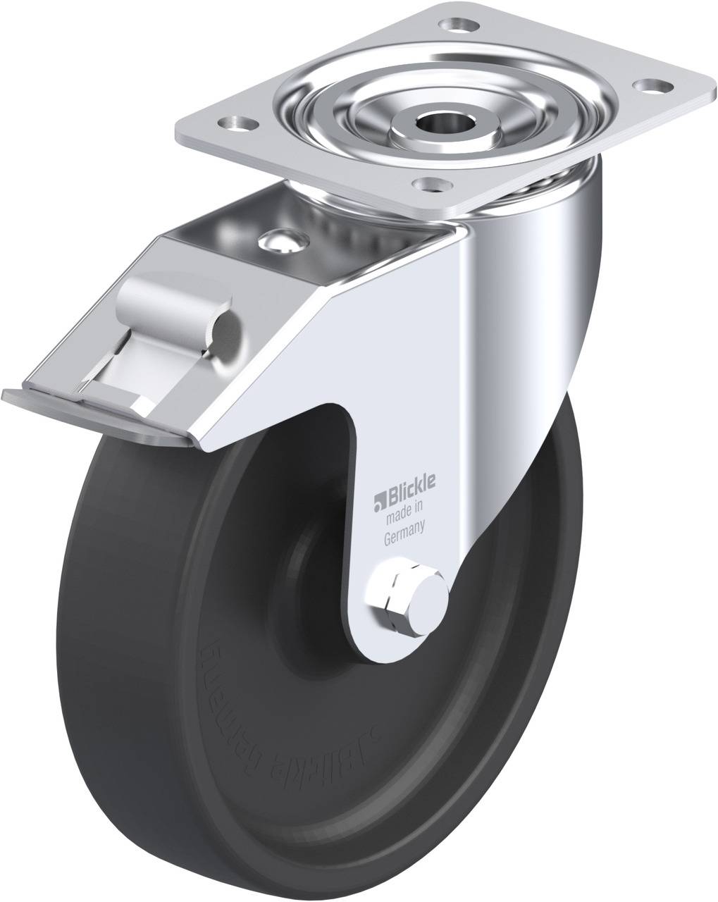 Industrielle Schwerlastrolle aus Metall und Gummi, geeignet für hohe Belastungen, mit stabilem Befestigungsflansch.