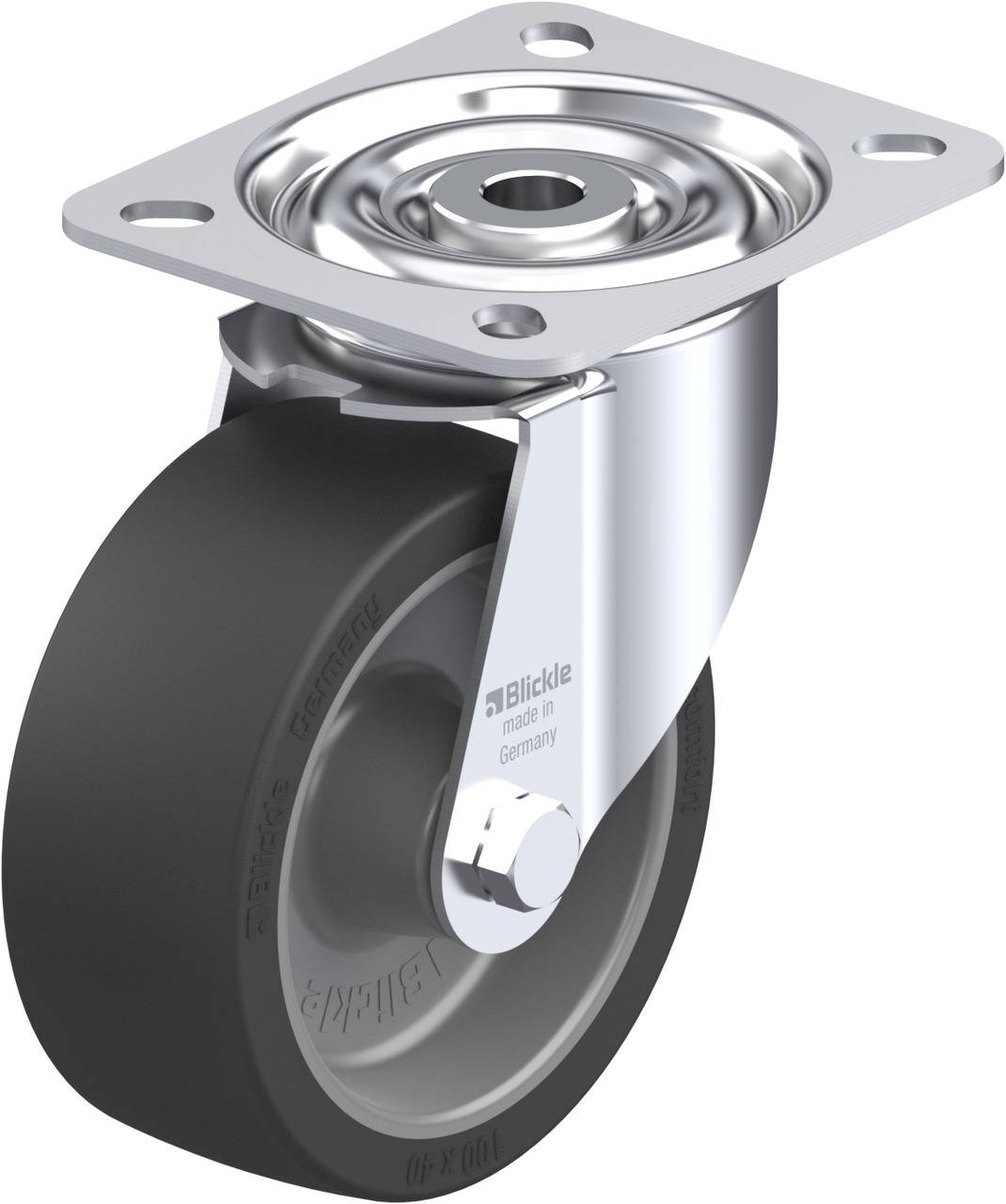 Graues Lenkrollenrad mit schwarzer Gummibereifung und silbernem Gehäuse. Befestigungsplatte oben. Herstelleraufschrift 'Blickle'.