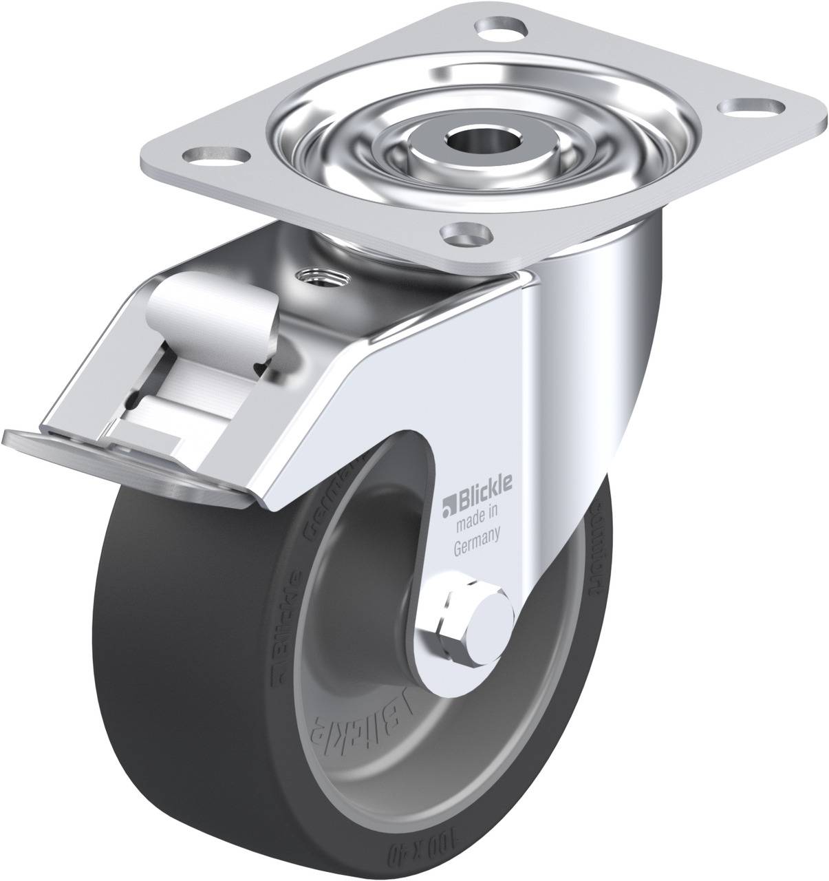 Schwenkrolle aus Metall mit schwarzem Rad, Befestigungsplatte und Bremse. Aufschrift: 'Blickle, made in Germany'.