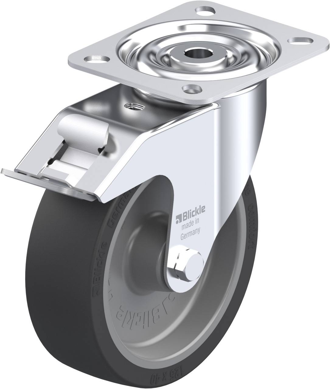 Schwenkrolle mit grauem Rad und silbernem Metallgehäuse, geeignet für den Einsatz an beweglichen Möbeln oder Geräten.