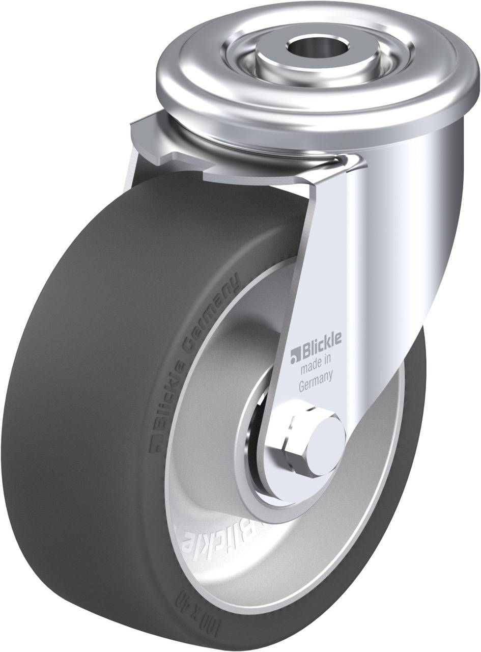 Industrie-Schwenkrolle mit Aluminiumfelge und Gummireifen, geeignet für Transportgeräte. Die Rolle hat ein glänzendes Finish.