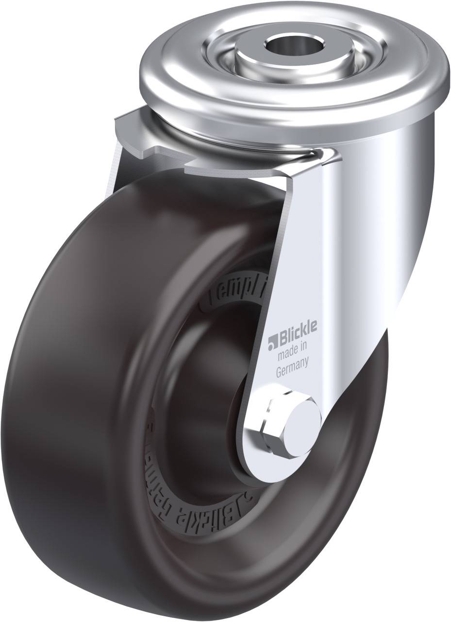 Industrie-Schwenkrolle mit schwarzem Rad und glänzender, metallener Halterung, geeignet für den Einsatz in Möbeln oder Geräten.