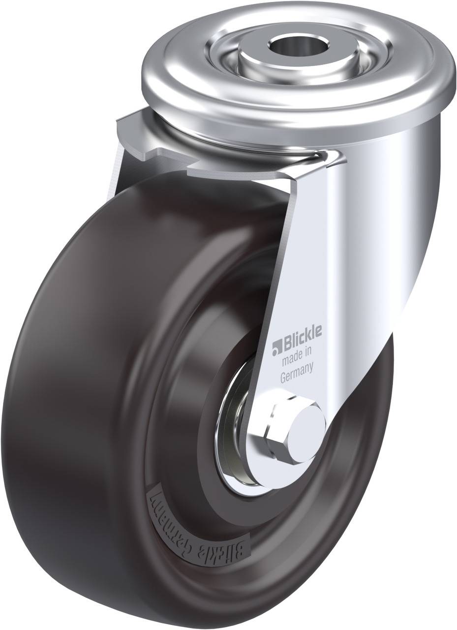 Metallisches Rollenrad mit schwarzem Gummi-Überzug, geeignet für schwere Lasten. Markierung 'Blickle made in Germany' auf der Seite.
