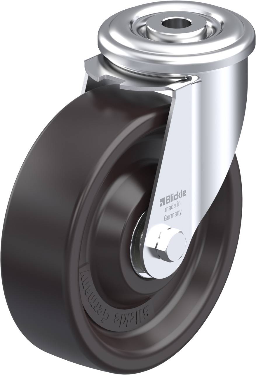Metallisches Rad mit schwarzem Gummi und silbernem Gehäuse, beschriftet mit 'Blickle made in Germany', für Transportgeräte.