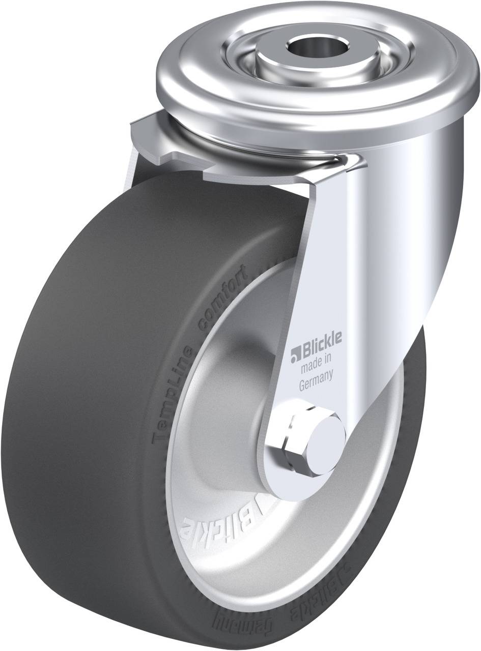 Schwenkrolle mit grauem Rad und glänzendem Metallgehäuse, geeignet für industrielle Anwendungen, zeigt 'Blickle' Markenlogo.