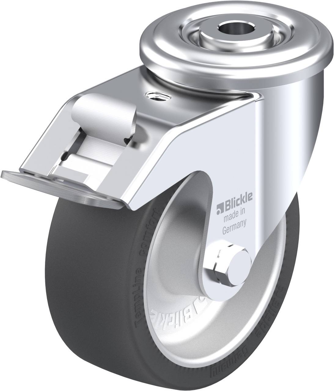 Ein drehbares Bockrad aus Metall und Gummi in Seitenansicht. Es hat eine silberne Befestigung, geeignet für Transportgeräte.